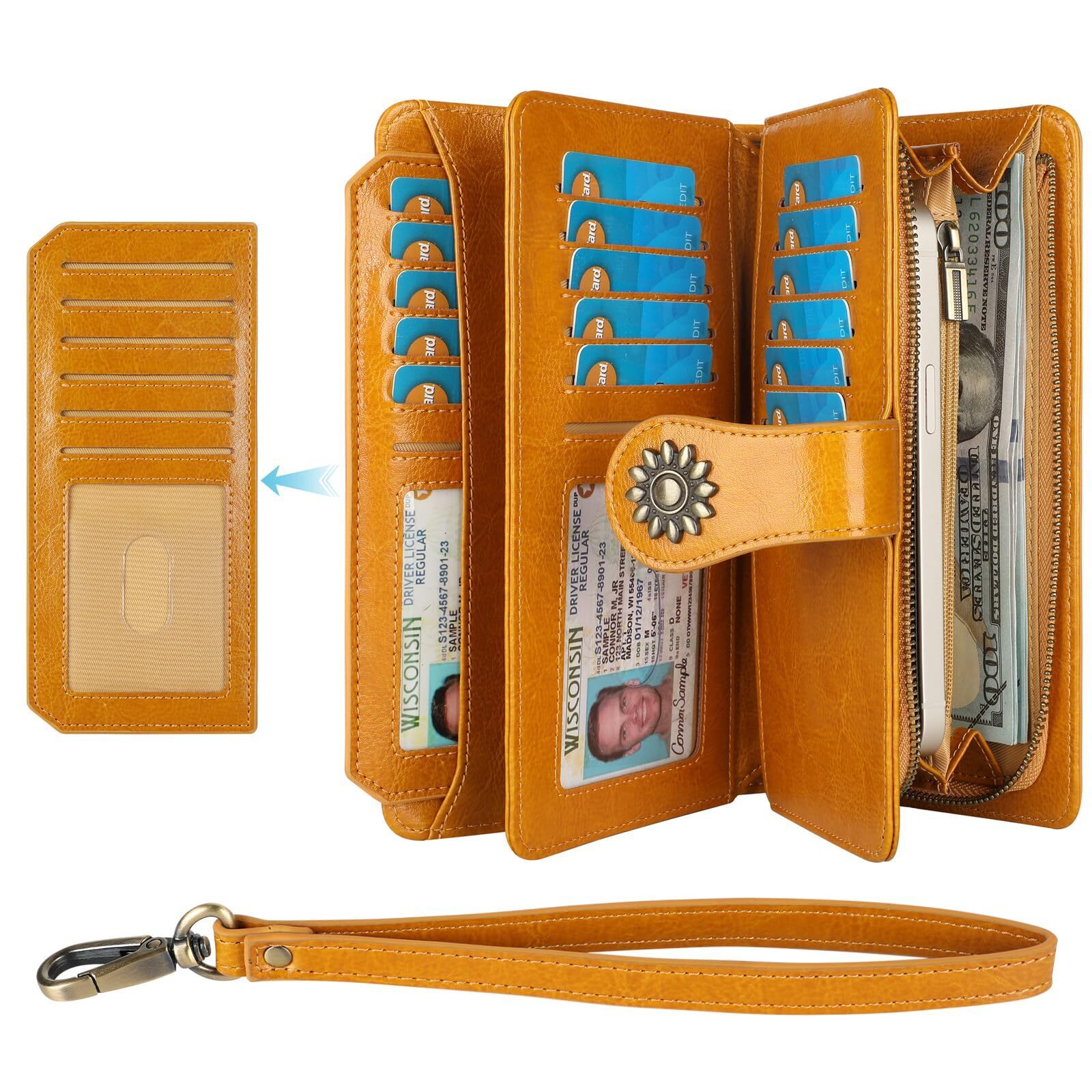 6762 Large Capacity Leather Rfid Blocking Wallets Wristlet Clutch Card